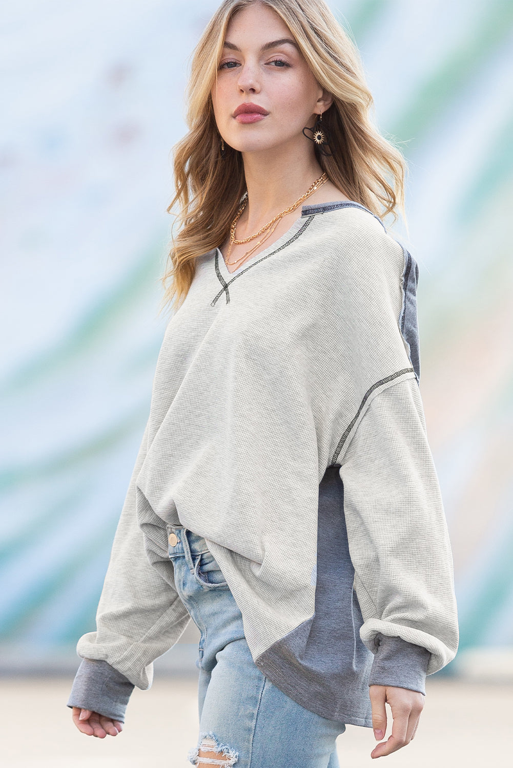 Gray Patchwork Ribbed Drop Shoulder Long Sleeve Top