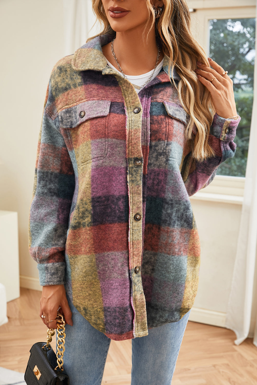 Multicolor Brushed Plaid Pocketed Oversize Shacket