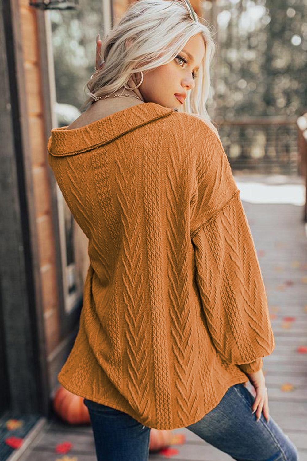 Orange Textured Casual V Neck Bishop Sleeve Top