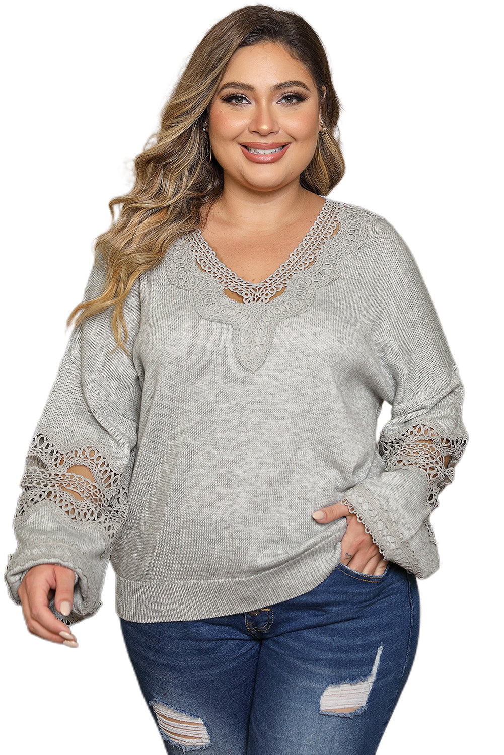 Gray Plus Size Hollowed Lace Splicing V Neck Sweater