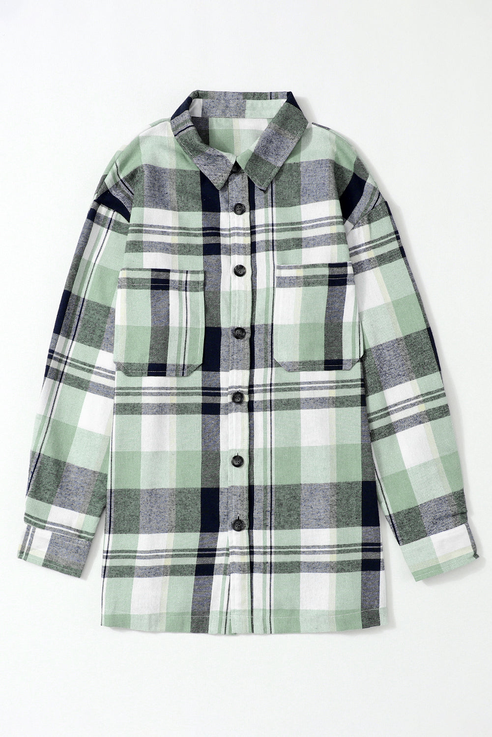 Green Long Sleeve Collared Button Up Flannel Shacket