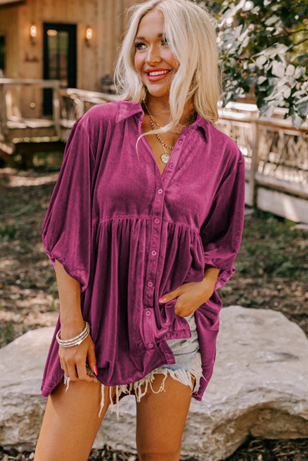 Chestnut Lantern Sleeve Tunic Babydoll Velvet Shirt