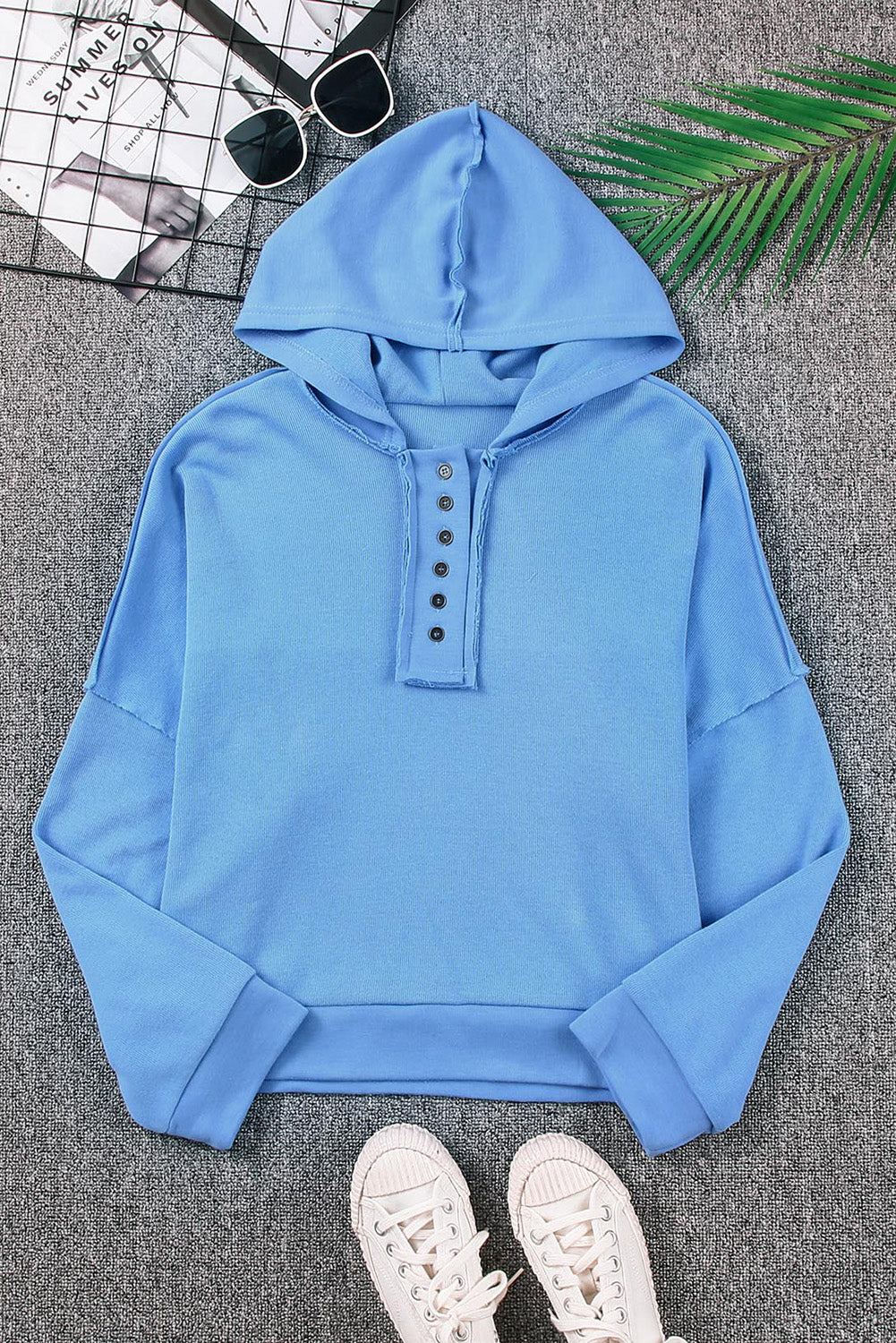 Light Blue Solid Patchwork Button Seam Trim Hoodie