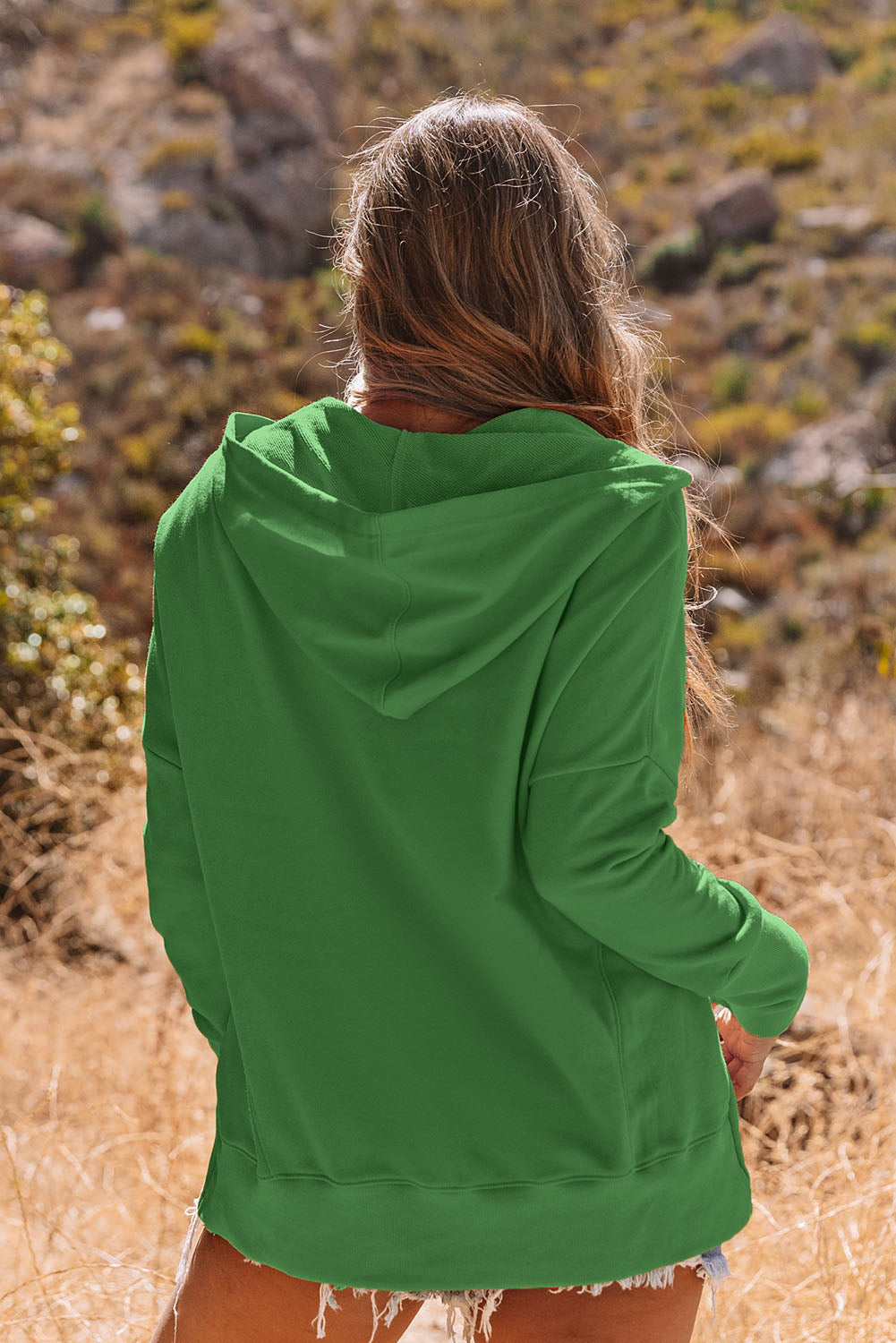 Dark Blue Snap Button Batwing Sleeve Pocket Henley Hoodie