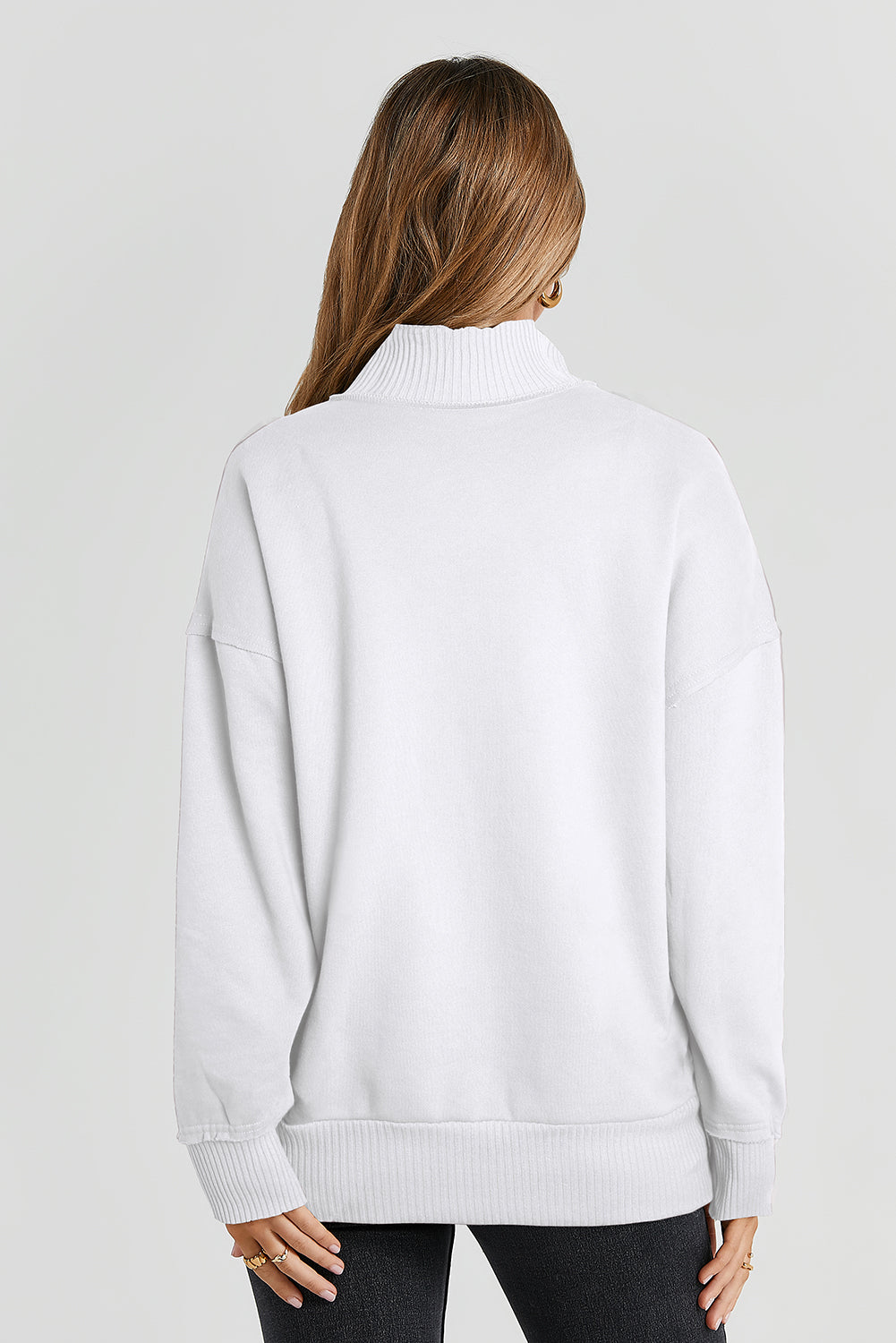 White Ribbed Trim Snap Button Collar Kangaroo Pocket Sweatshirt