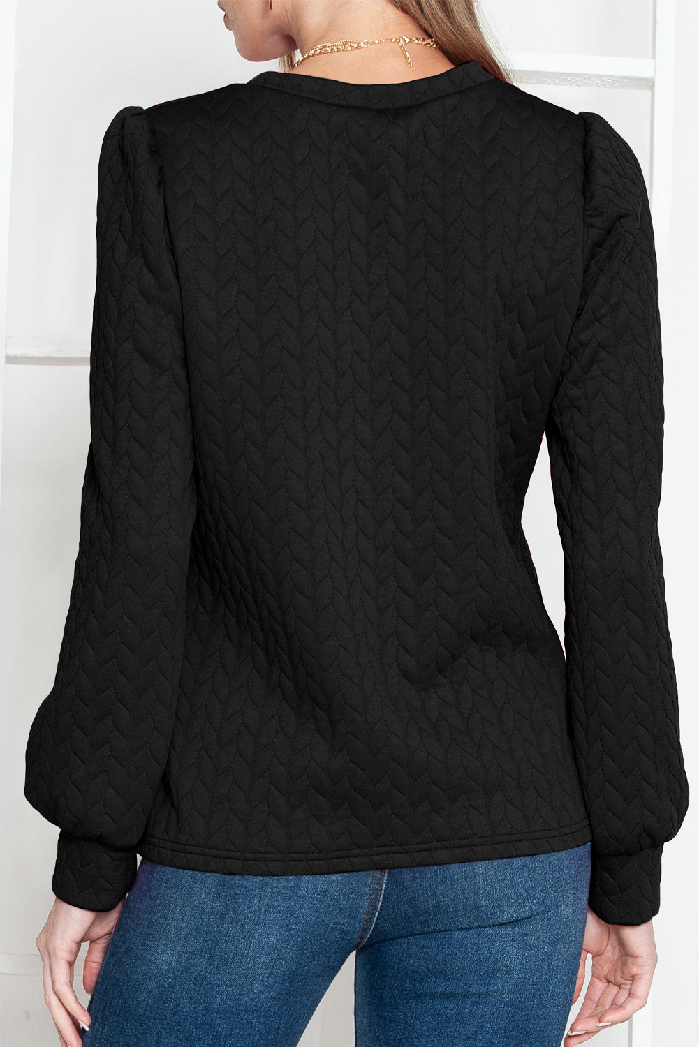 Black Waffle Quilted Puff Sleeve Sweatshirt