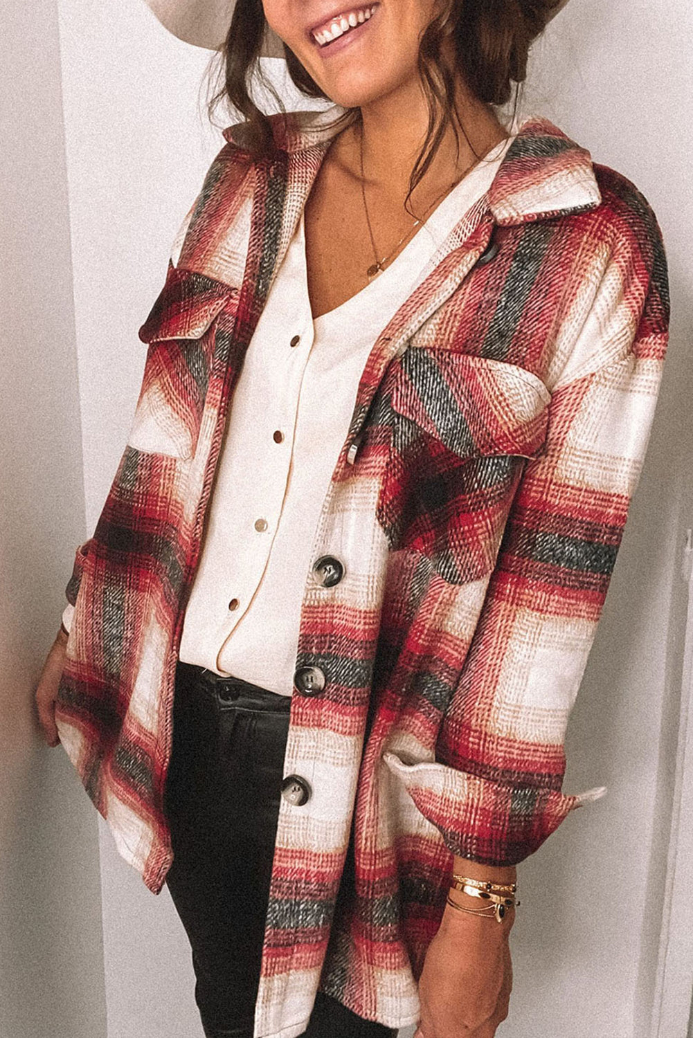 Red Plaid Turn Down Neck Pocket Buttoned Shacket