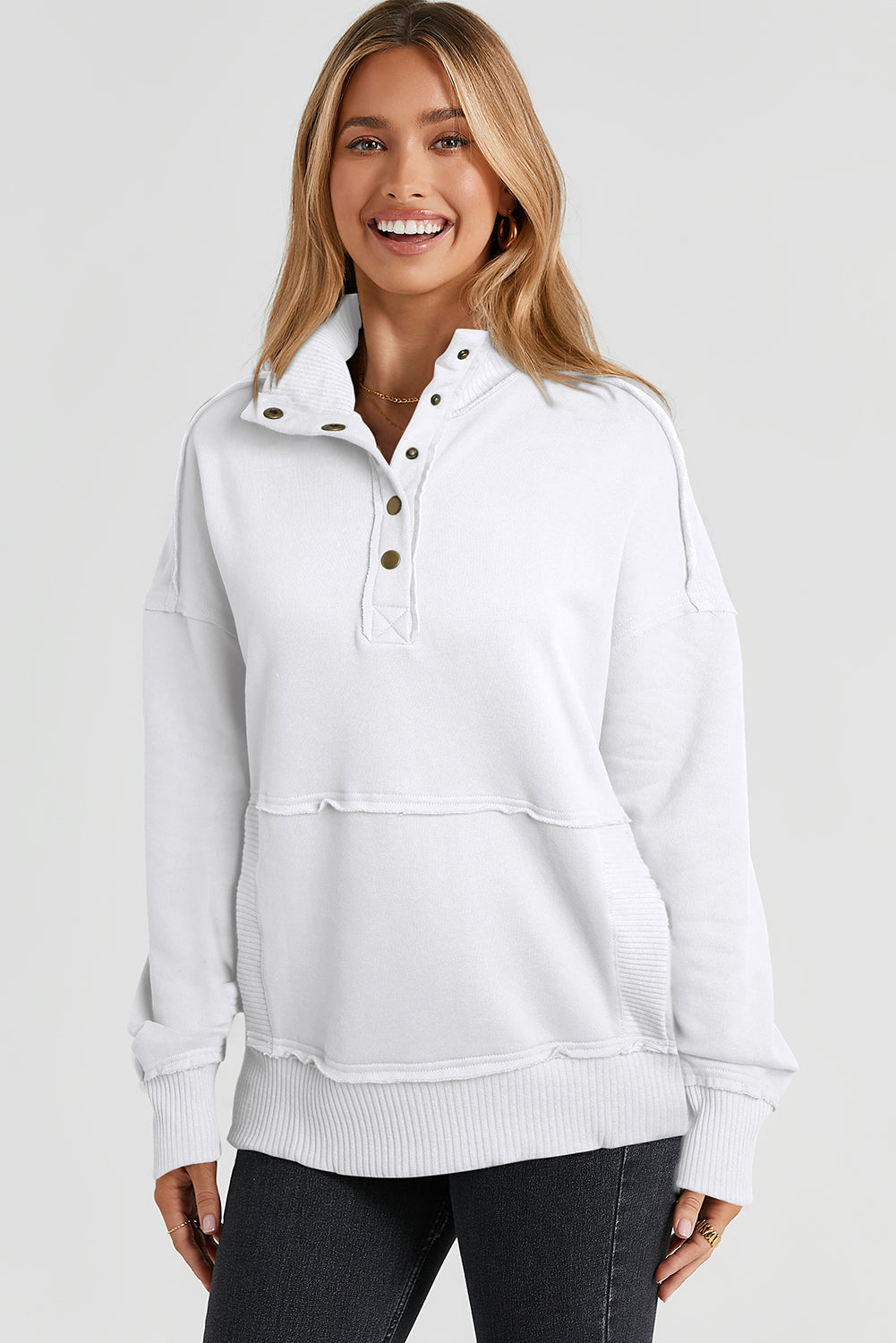 White Ribbed Trim Snap Button Collar Kangaroo Pocket Sweatshirt