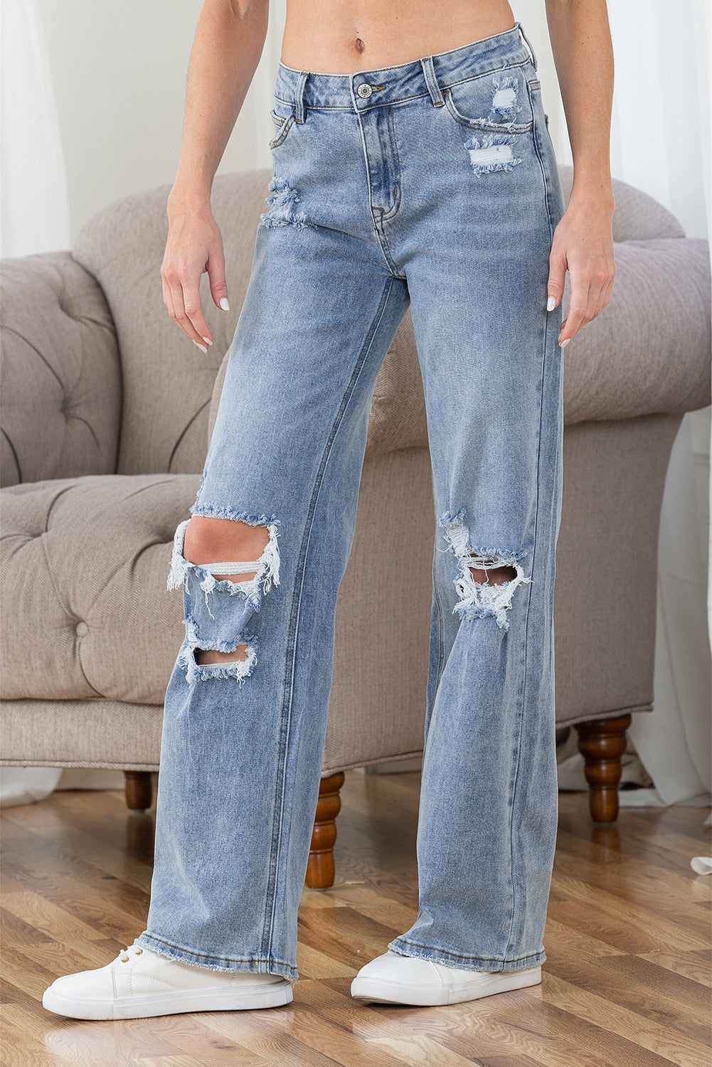 Light Blue Destroyed Ripped Casual Wide Leg Jeans