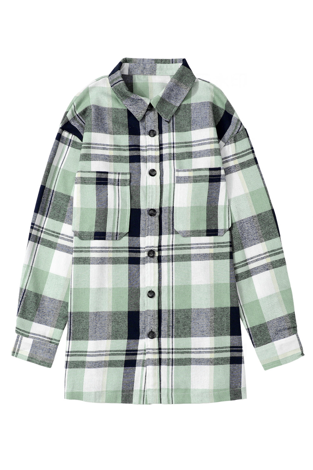 Green Long Sleeve Collared Button Up Flannel Shacket