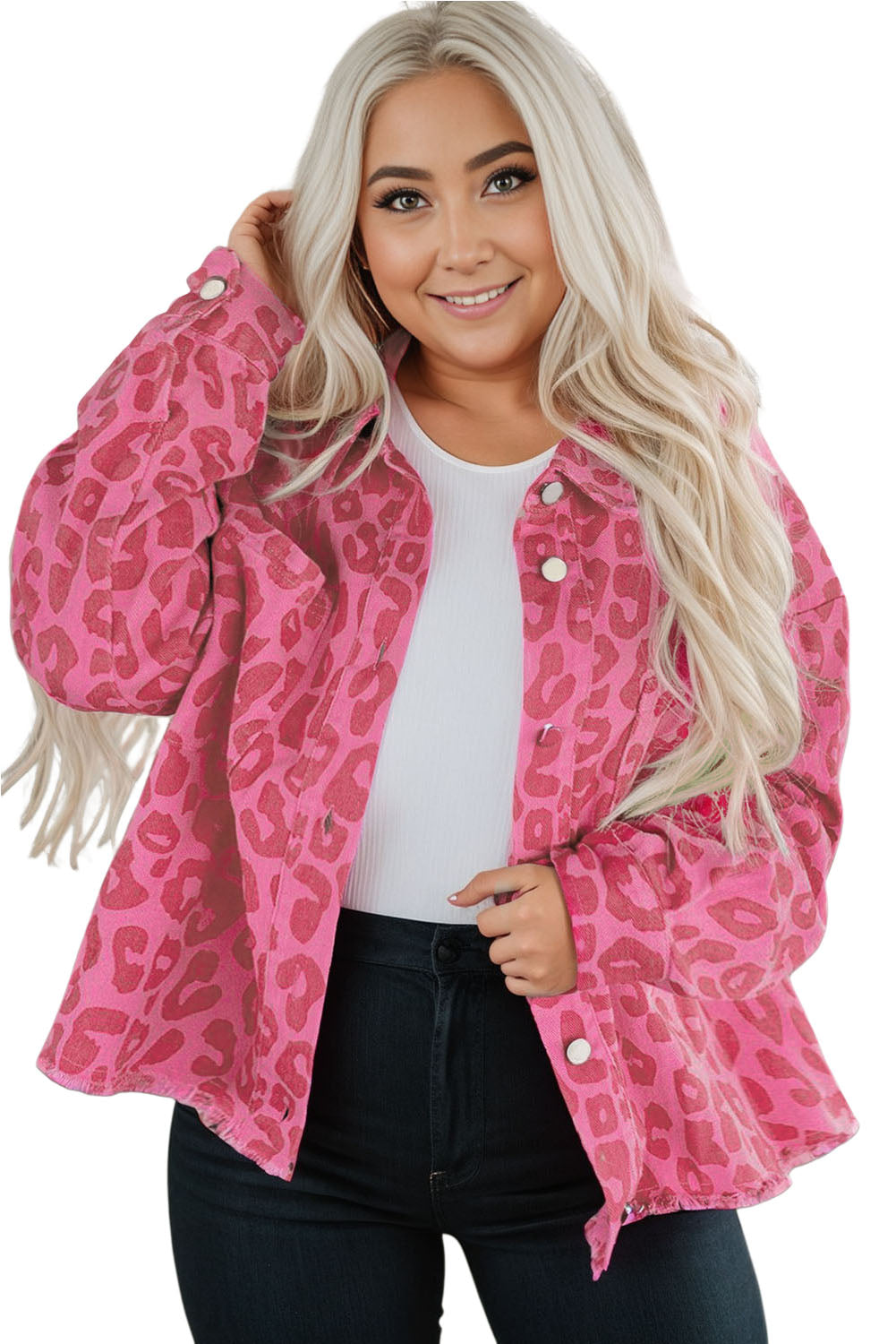 Pink Plus Size Leopard Print Button Cuffs Raw Hem Jacket