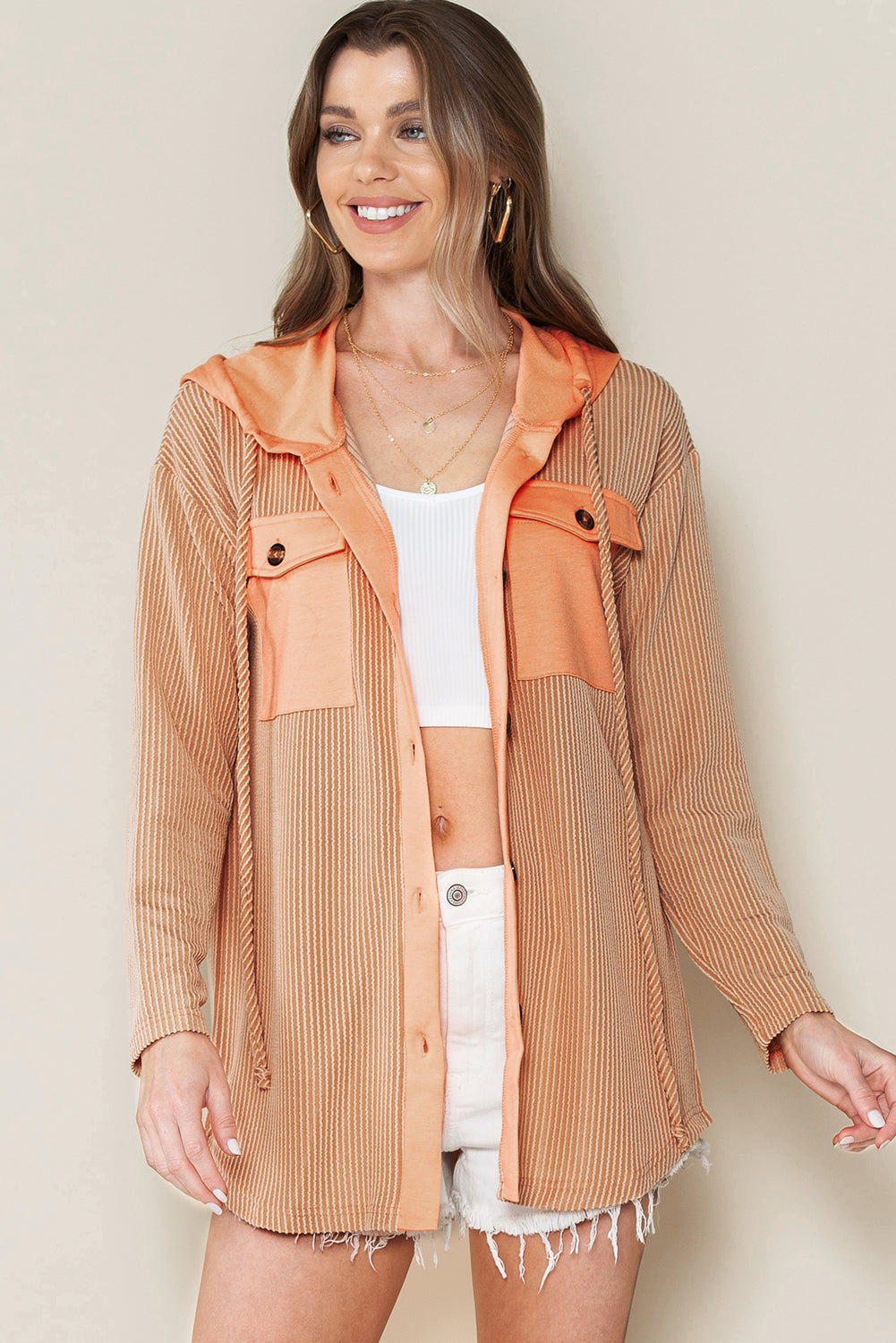 Apricot Flap Pockets Patchwork Hooded Ribbed Shacket