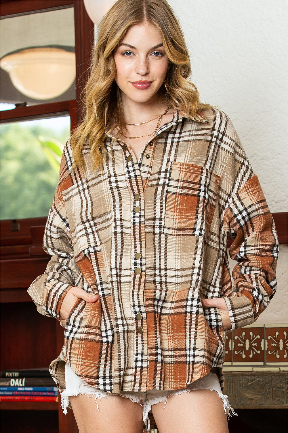 Khaki Plaid Chest Pocket Oversized Rounded Hem Shacket