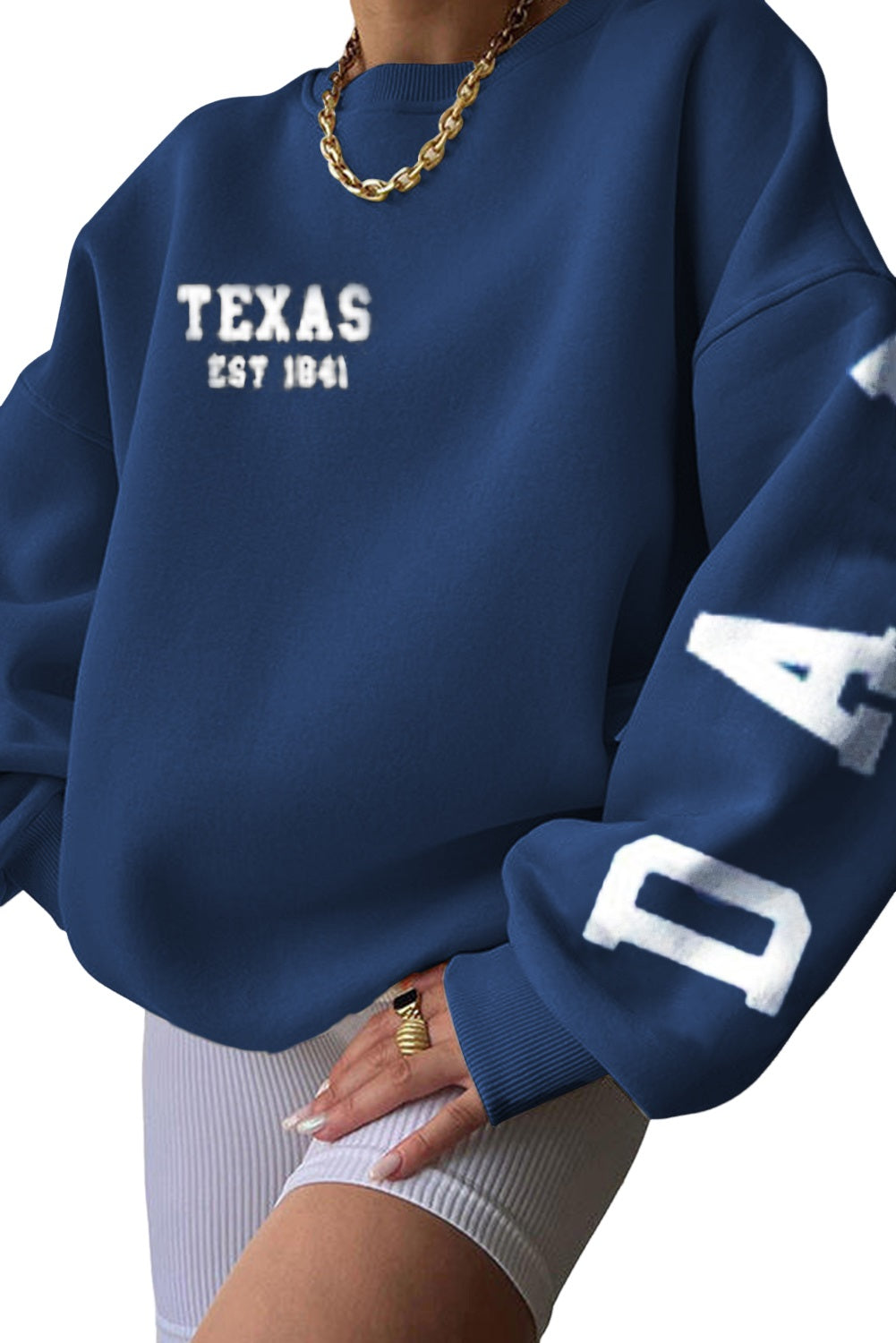 Blue Letter Print Crewneck Fleece Oversized Sweatshirt