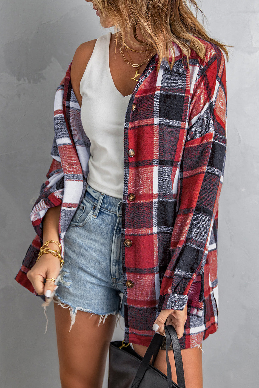 Red and Grey Button Up Flannel Plaid Shacket