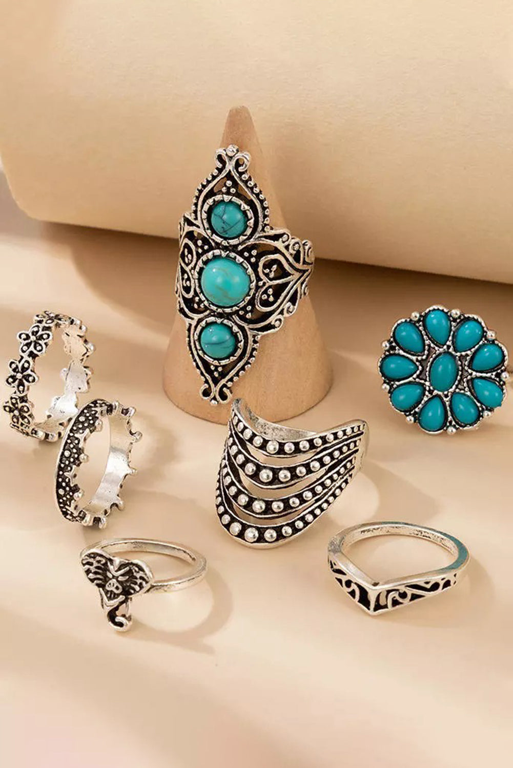 Green Vintage 7Pcs Floral Geometric Turquoise Ring Set