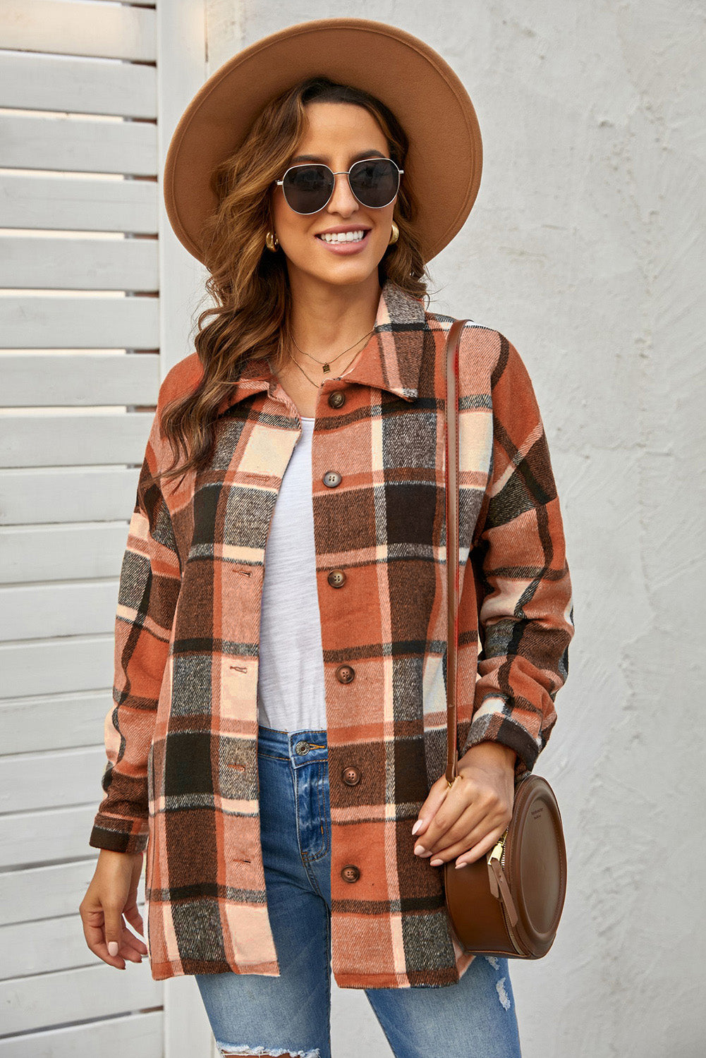 Red and Grey Button Up Flannel Plaid Shacket