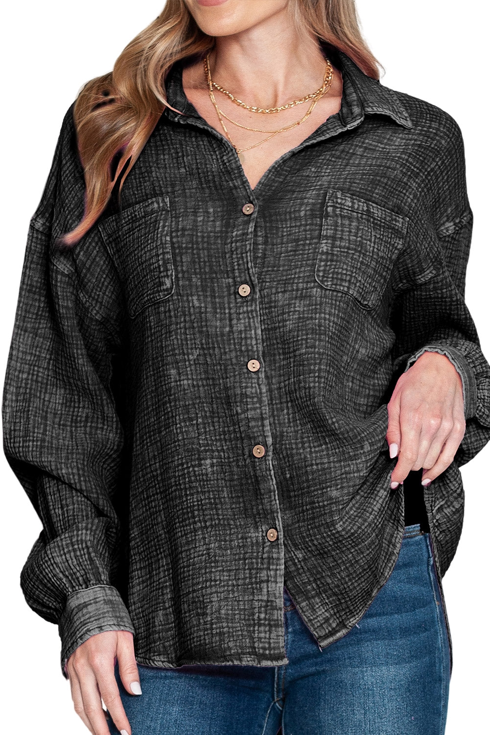 Sky Blue Mineral Wash Crinkle Textured Chest Pockets Shirt