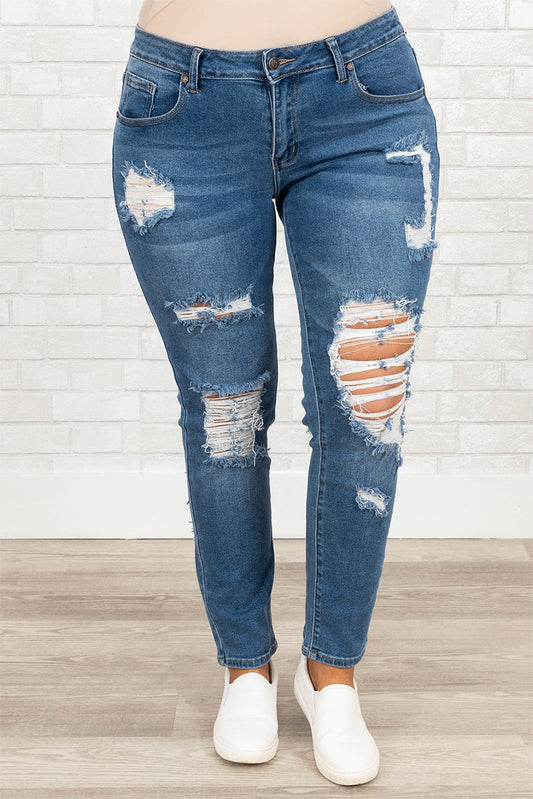 Blue Plus Size Distressed Ripped Skinny Jeans