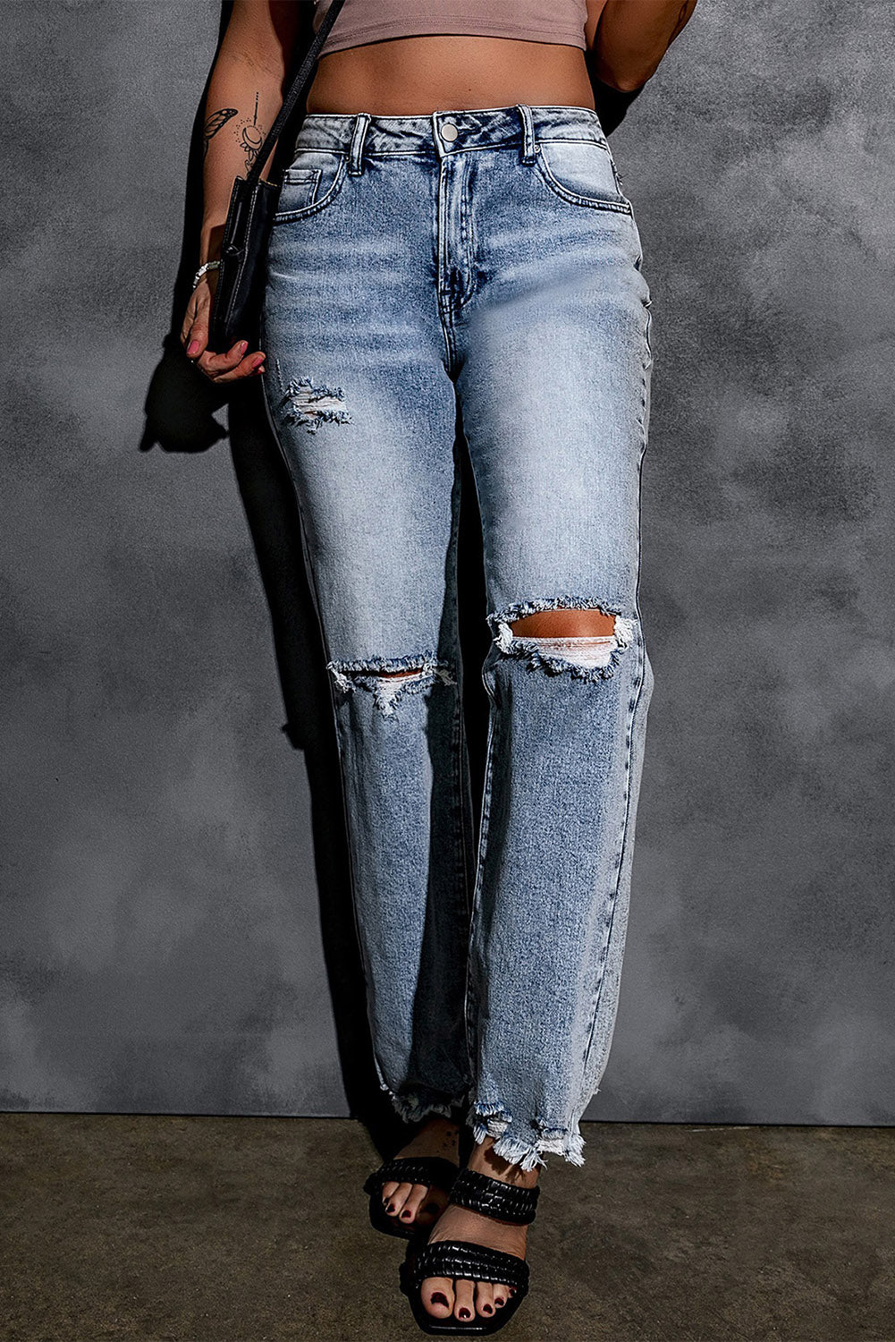 Light Blue Washed Ripped Raw Hem High Waisted Wide Leg Jeans