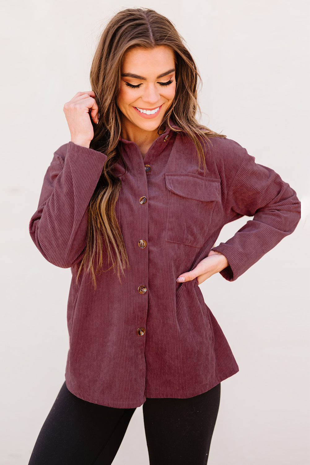 Plum Button Up Patch Pocket Corduroy Shacket