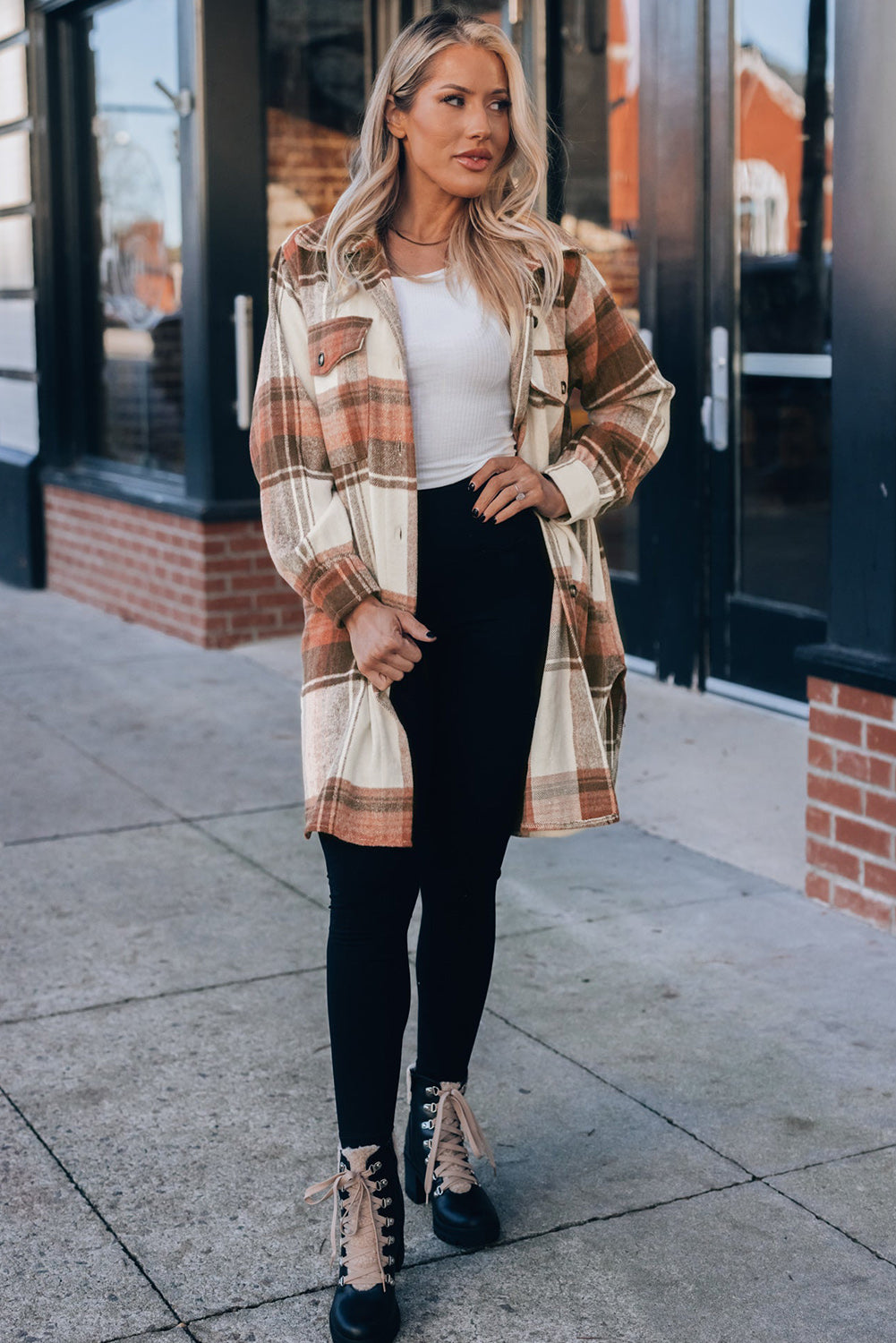 Brown Plaid Casual Button Up Flannel Long Shacket with Flap Pockets