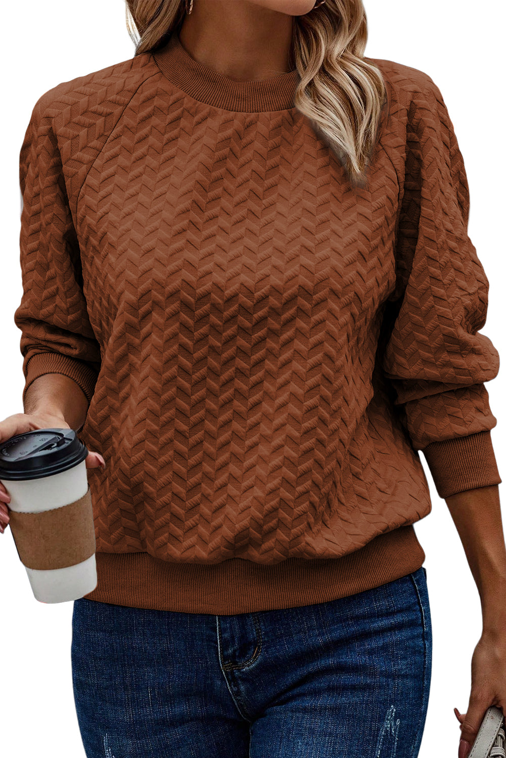 Chestnut Solid Color Textured Raglan Sleeve Pullover Sweatshirt