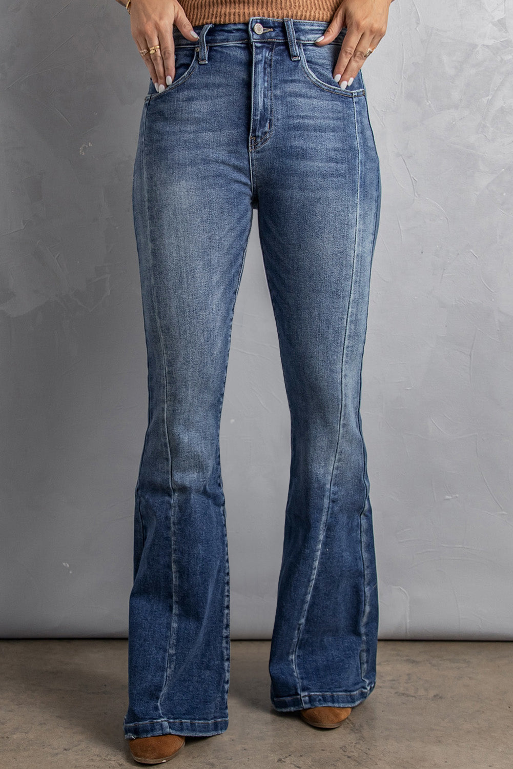 Blue Casual Pockets Chic High Waist Flare Jeans