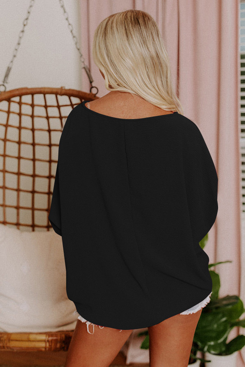 Black Plain Batwing Sleeve Business Casual Blouse for Women