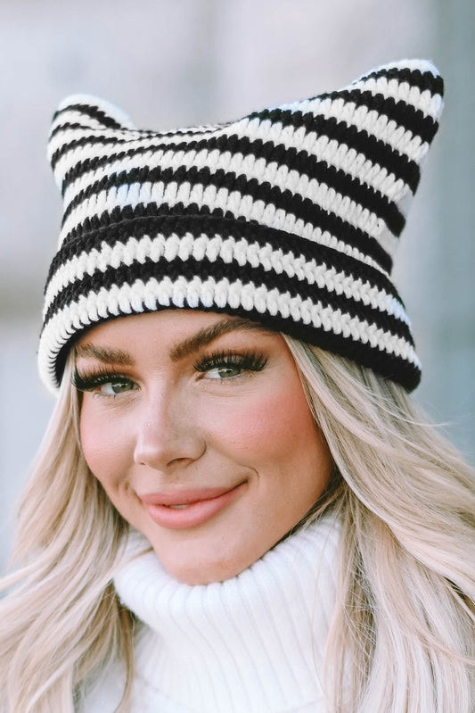 White Cute Striped Cat-Ear Knit Beanie Hat