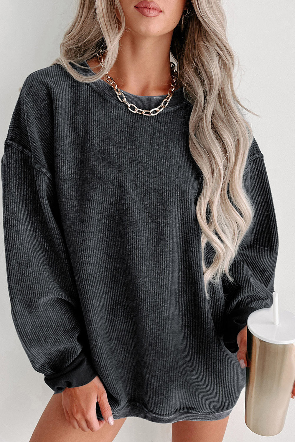 Plain Gray Solid Ribbed Knit Round Neck Pullover Sweatshirt