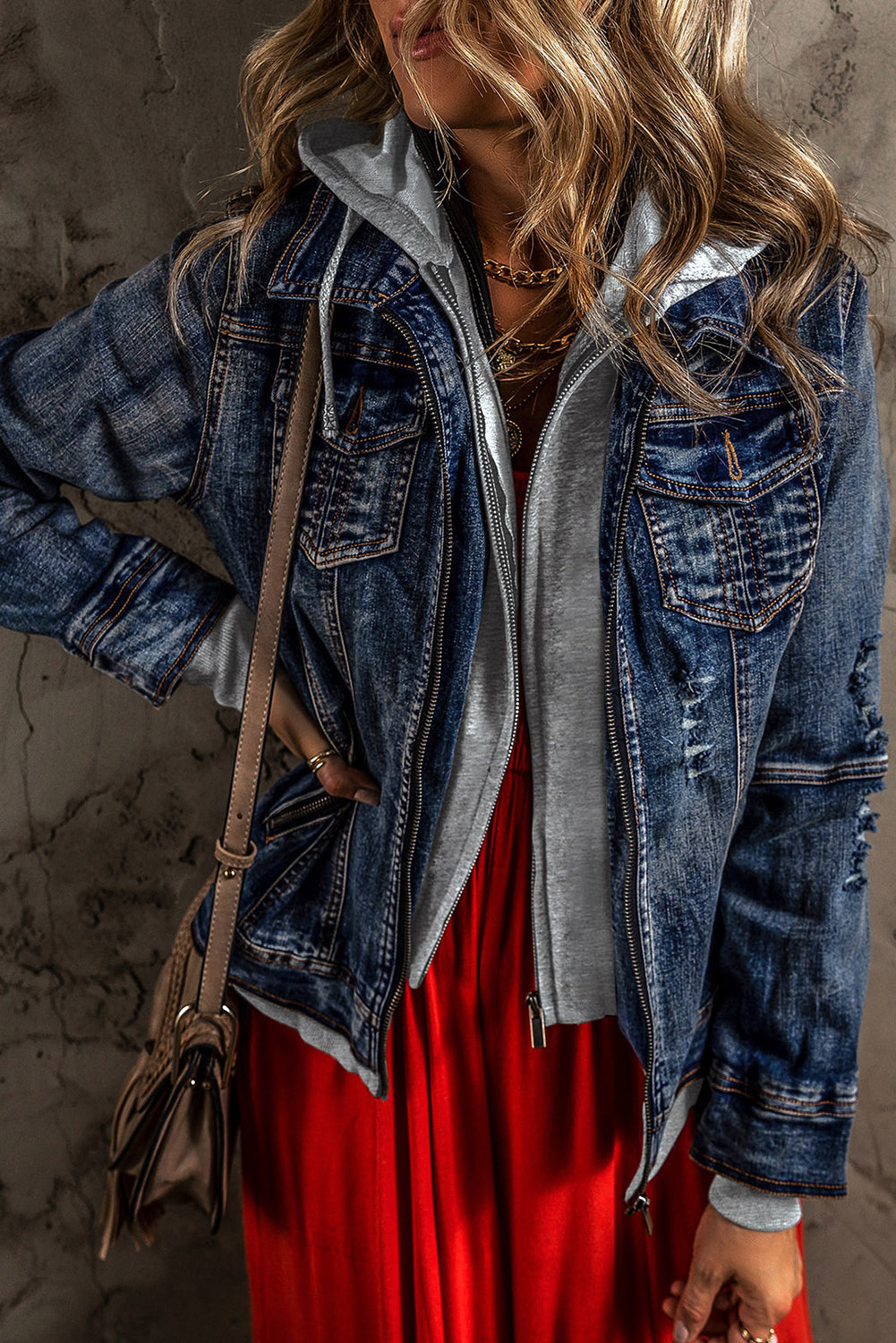 Dark Blue Distressed Fake Two-Piece Hooded Denim Jacket