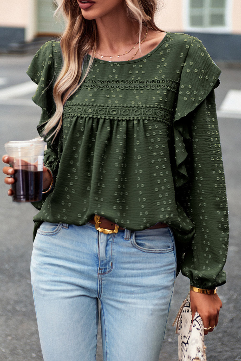 Bright White Swiss Dot Ruffle Shoulder Long Sleeve Blouse