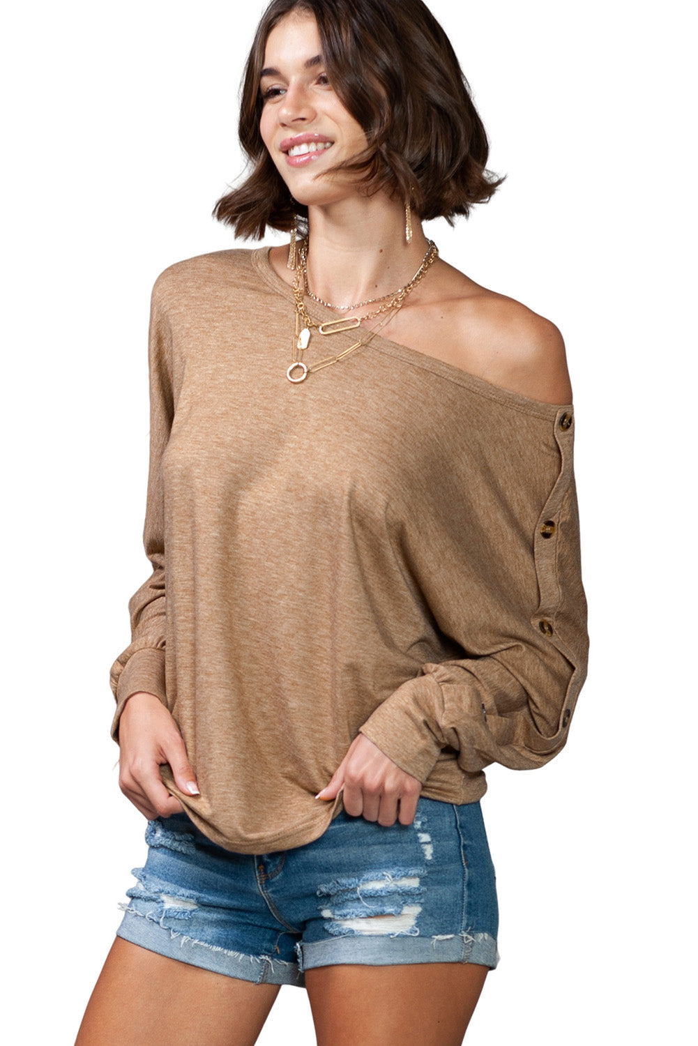 Gray Solid Color Button Decor Dolman Sleeve Top