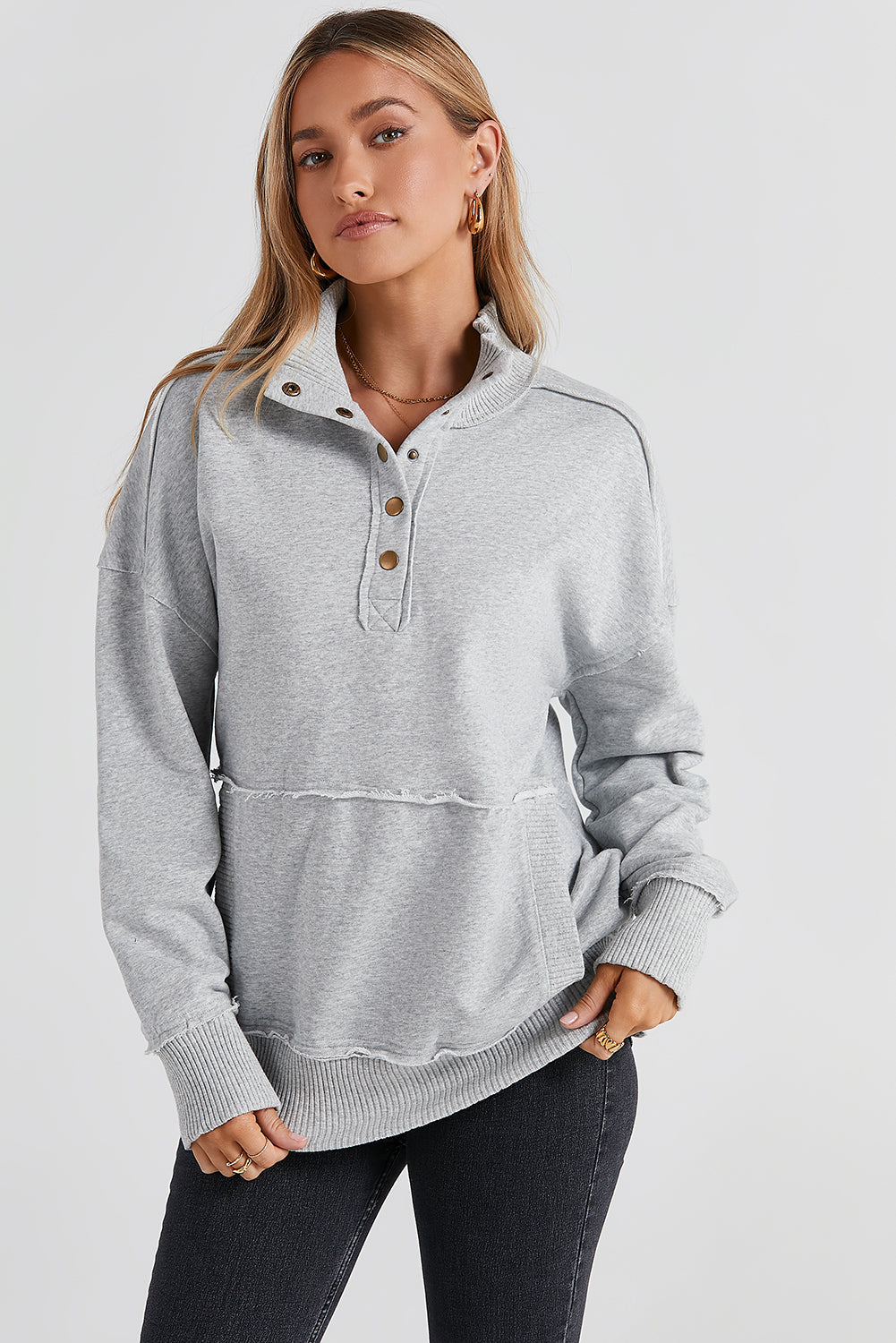 White Ribbed Trim Snap Button Collar Kangaroo Pocket Sweatshirt