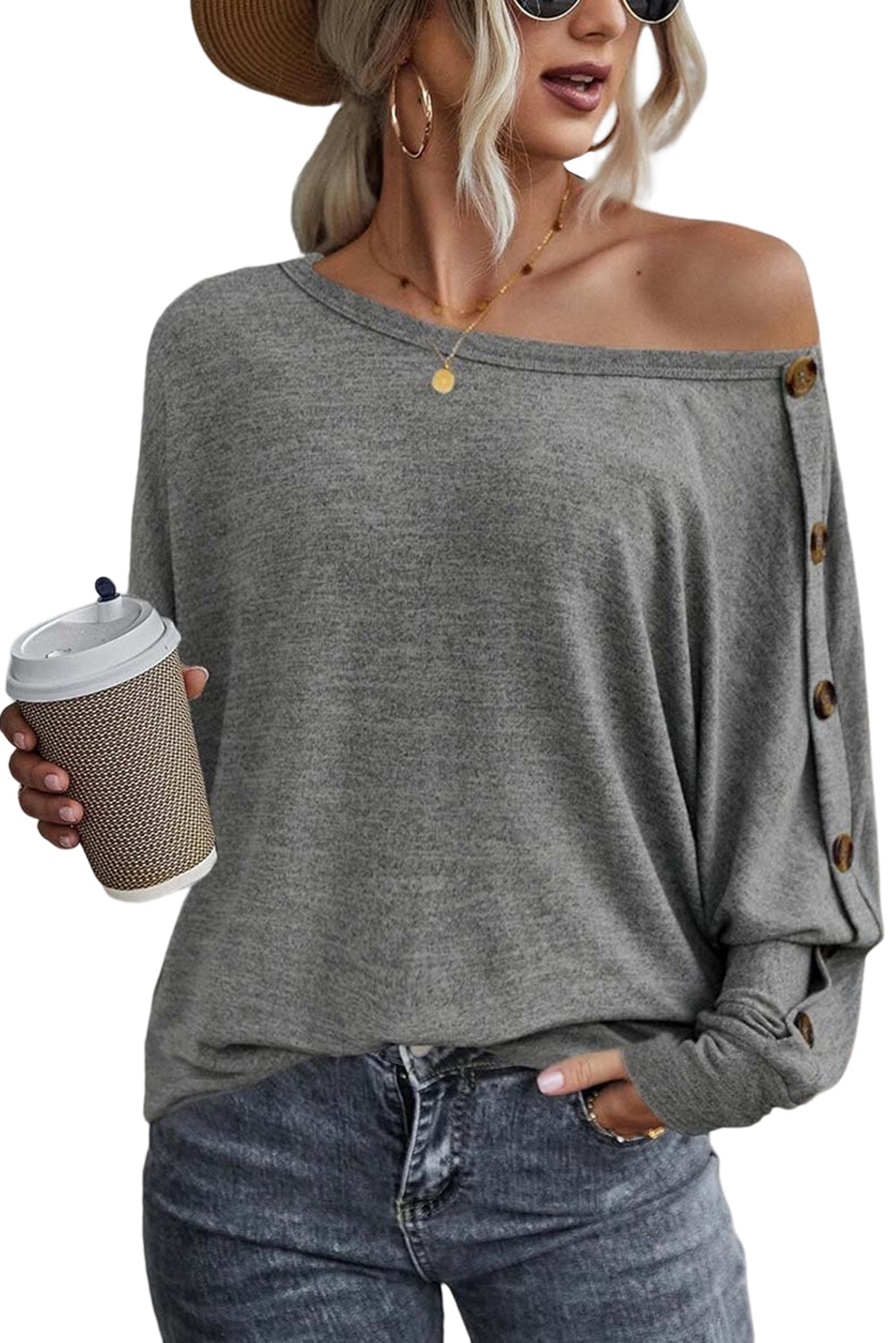 Gray Solid Color Button Decor Dolman Sleeve Top