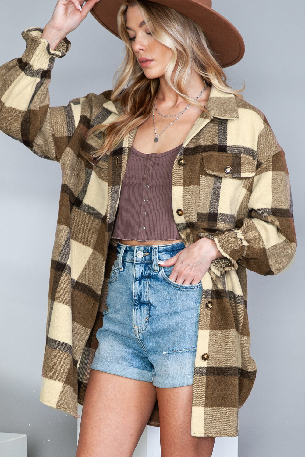 Brown Plaid Flap Pocket Smocked Cuff Shacket