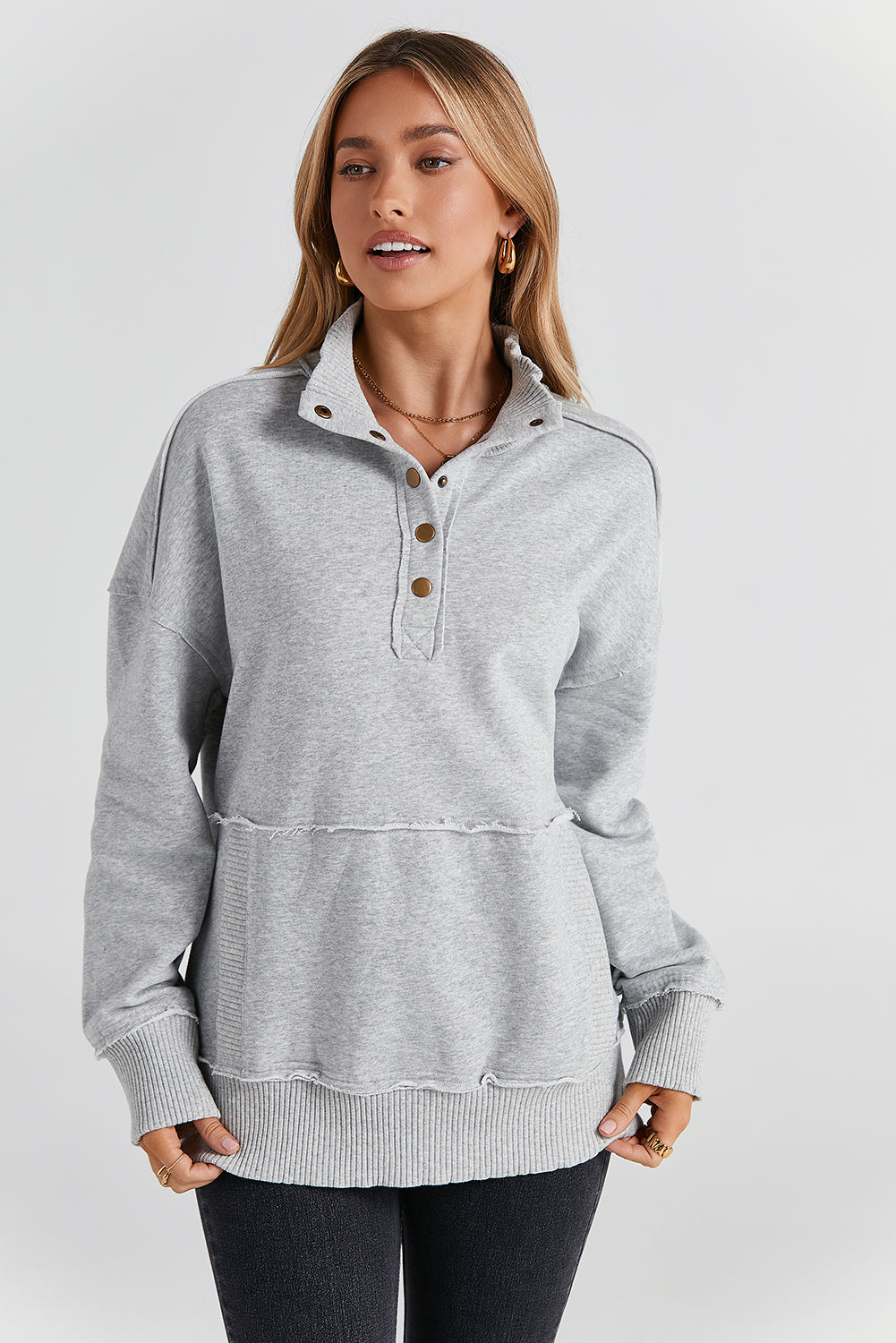 White Ribbed Trim Snap Button Collar Kangaroo Pocket Sweatshirt