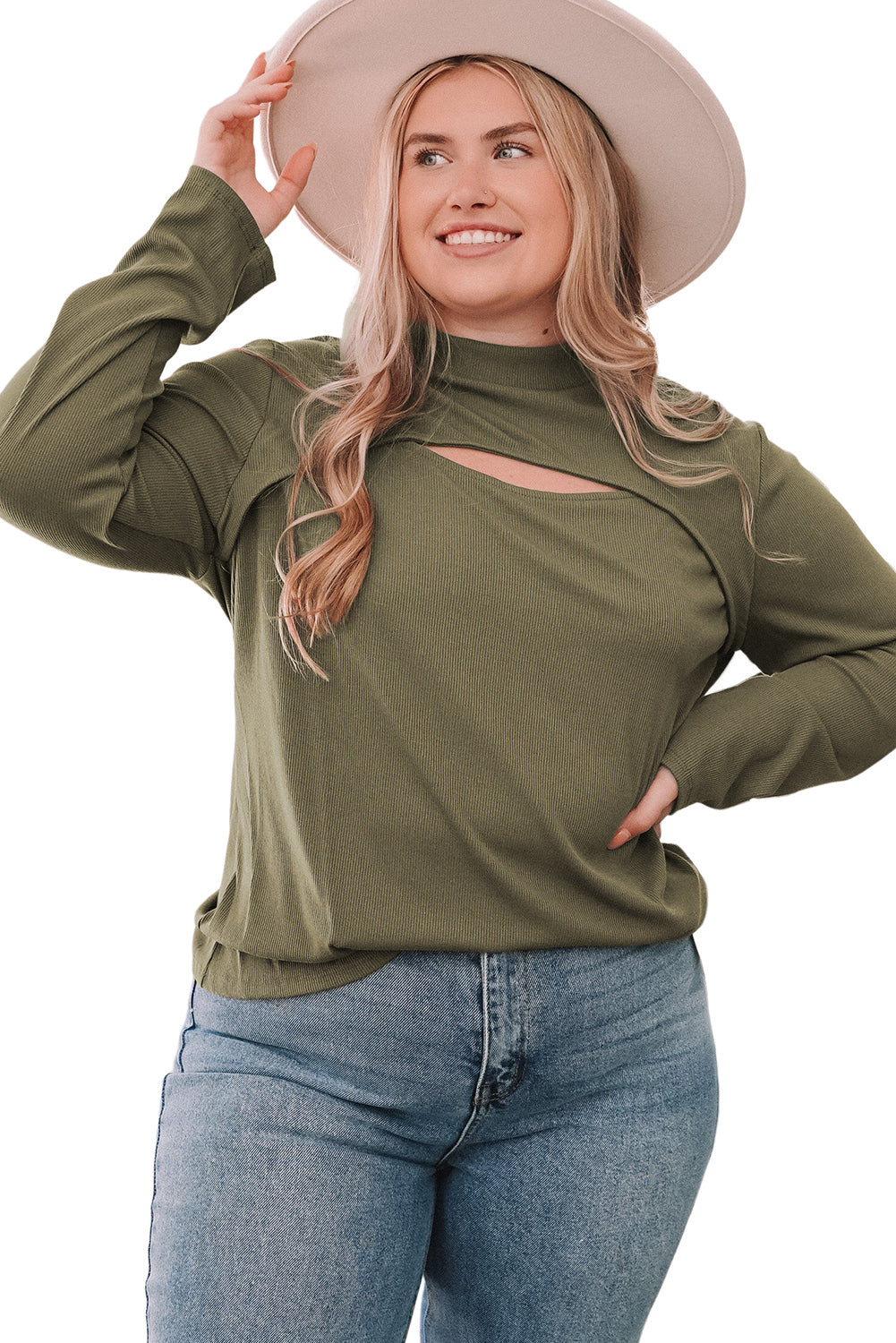 Green Plus Size Ribbed Mock Neck Peek-A-Boo Cut Out Top