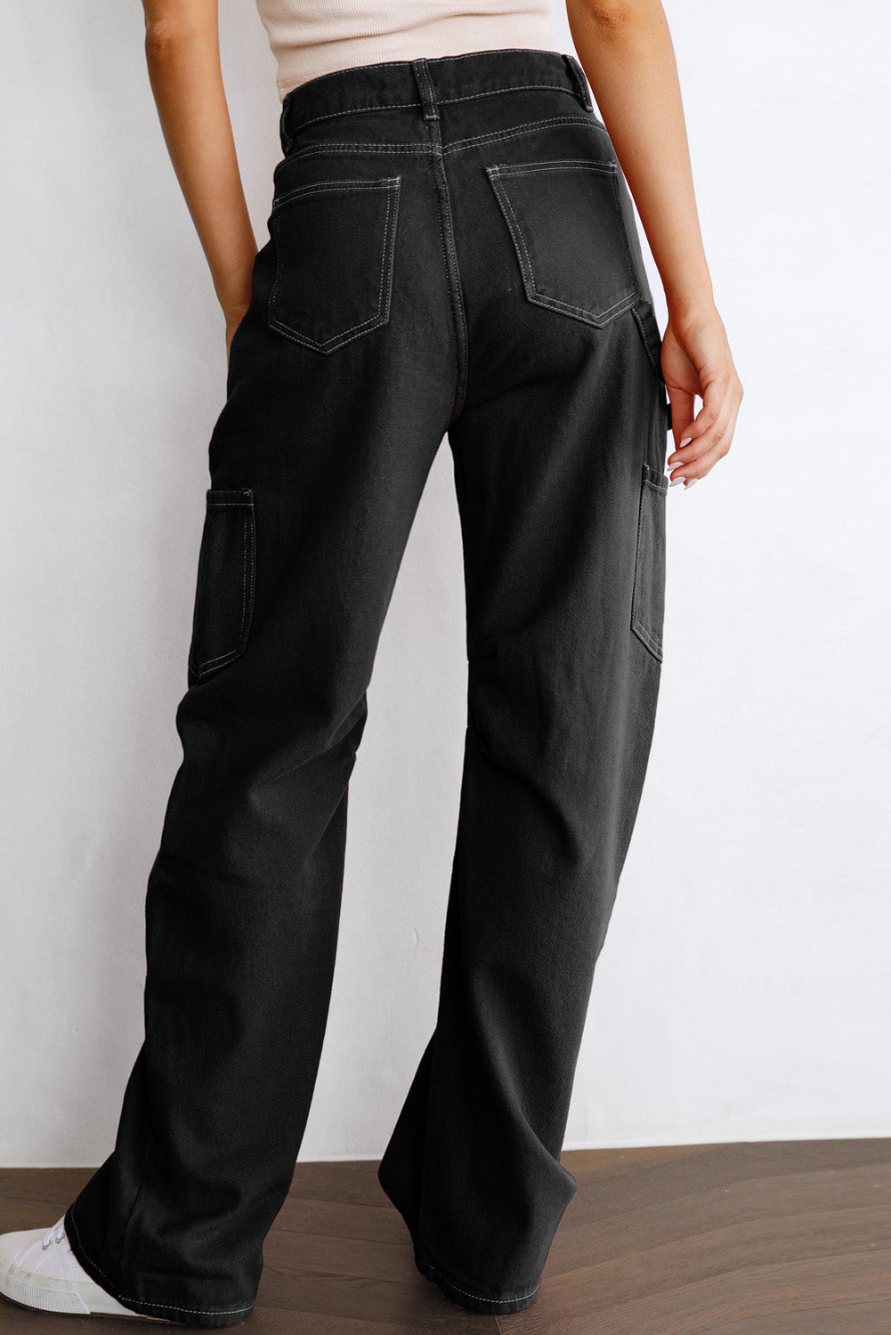 Black Denim Straight Leg High Waisted Cargo Pants