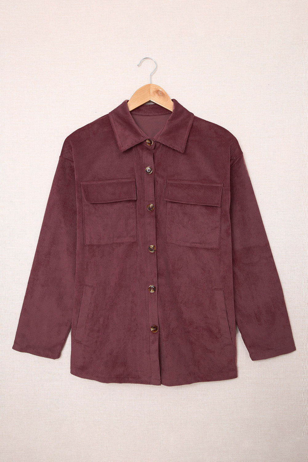 Plum Button Up Patch Pocket Corduroy Shacket