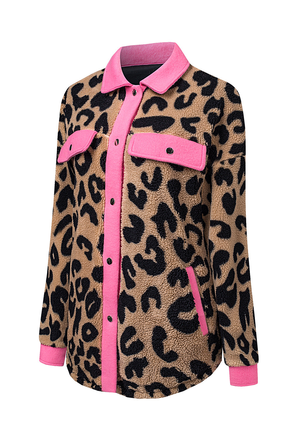 Cheetah Print Casual Contrast Binding Pocket Fur Shacket