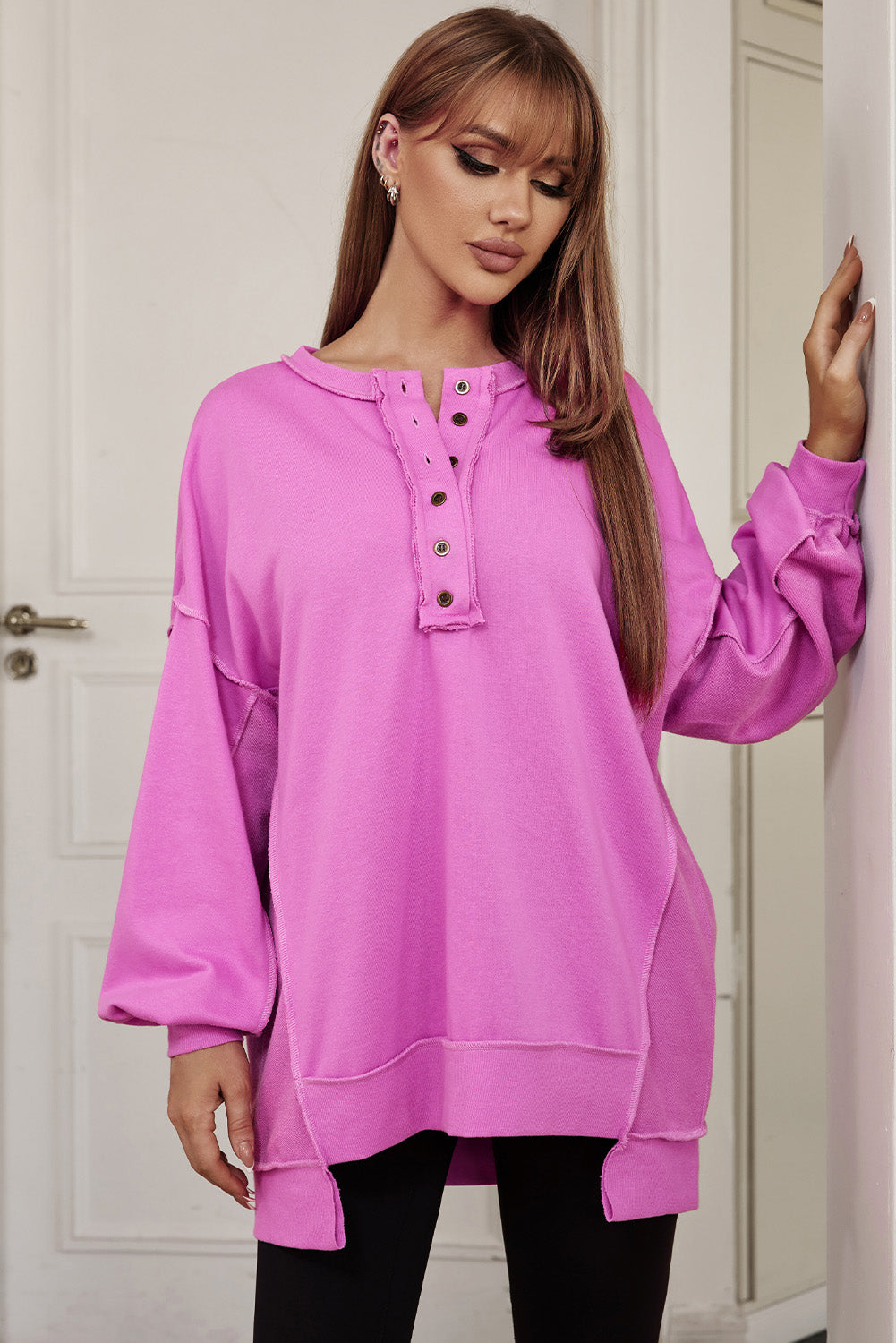 Green Patchwork Exposed Seam Oversized Henley Sweatshirt