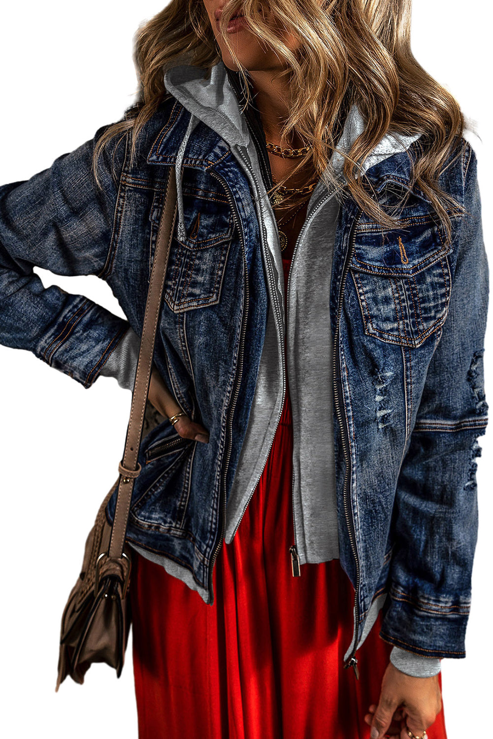 Dark Blue Distressed Fake Two-Piece Hooded Denim Jacket