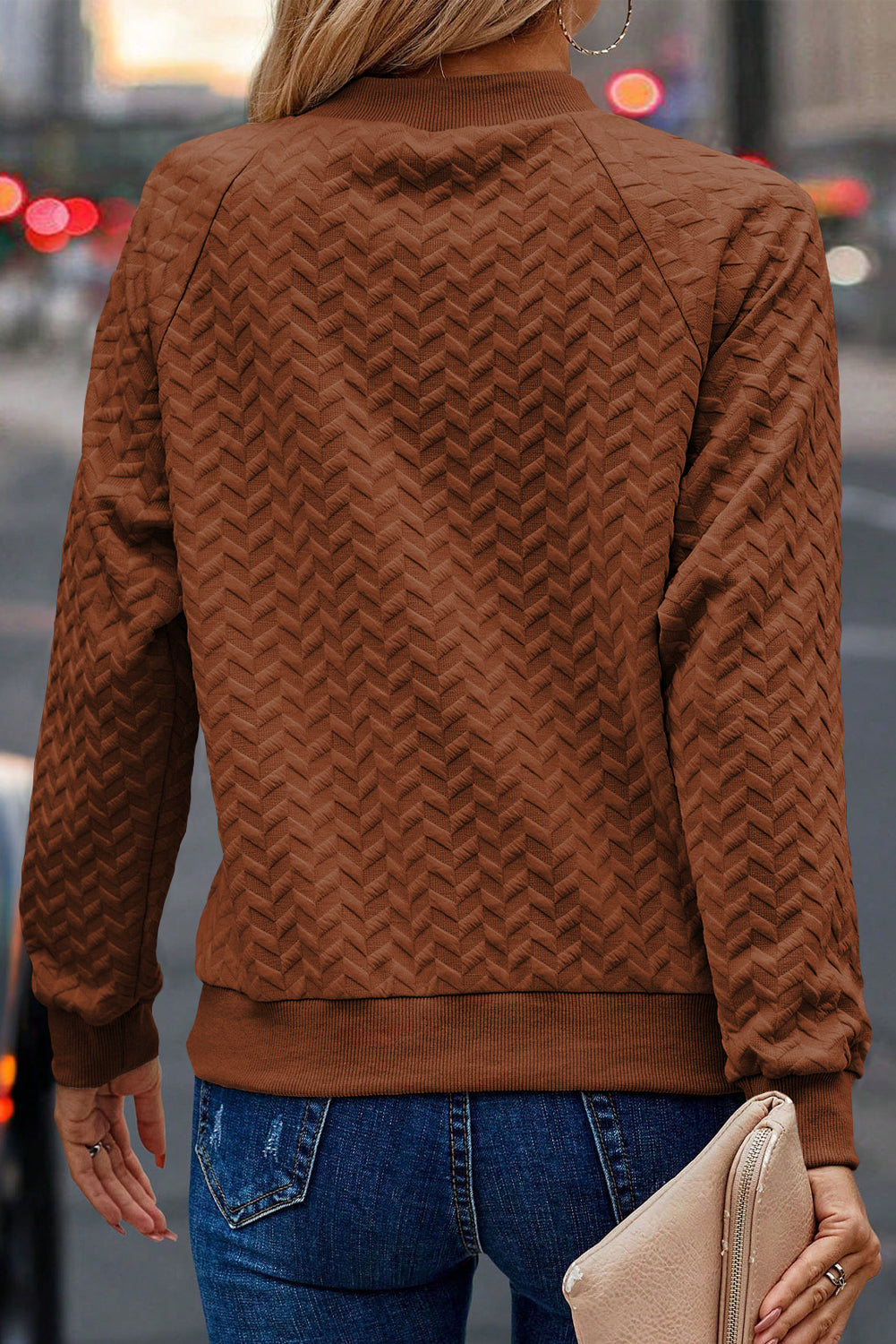 Chestnut Solid Color Textured Raglan Sleeve Pullover Sweatshirt