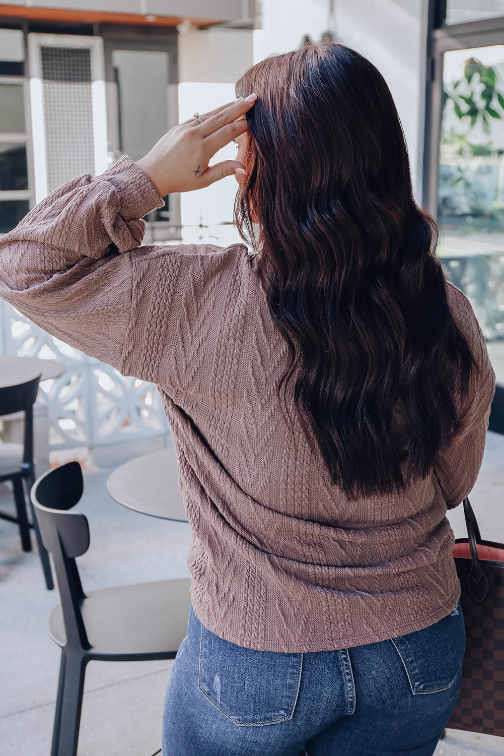 Brown Plus Size Textured Knit Zip Neck Pullover Top