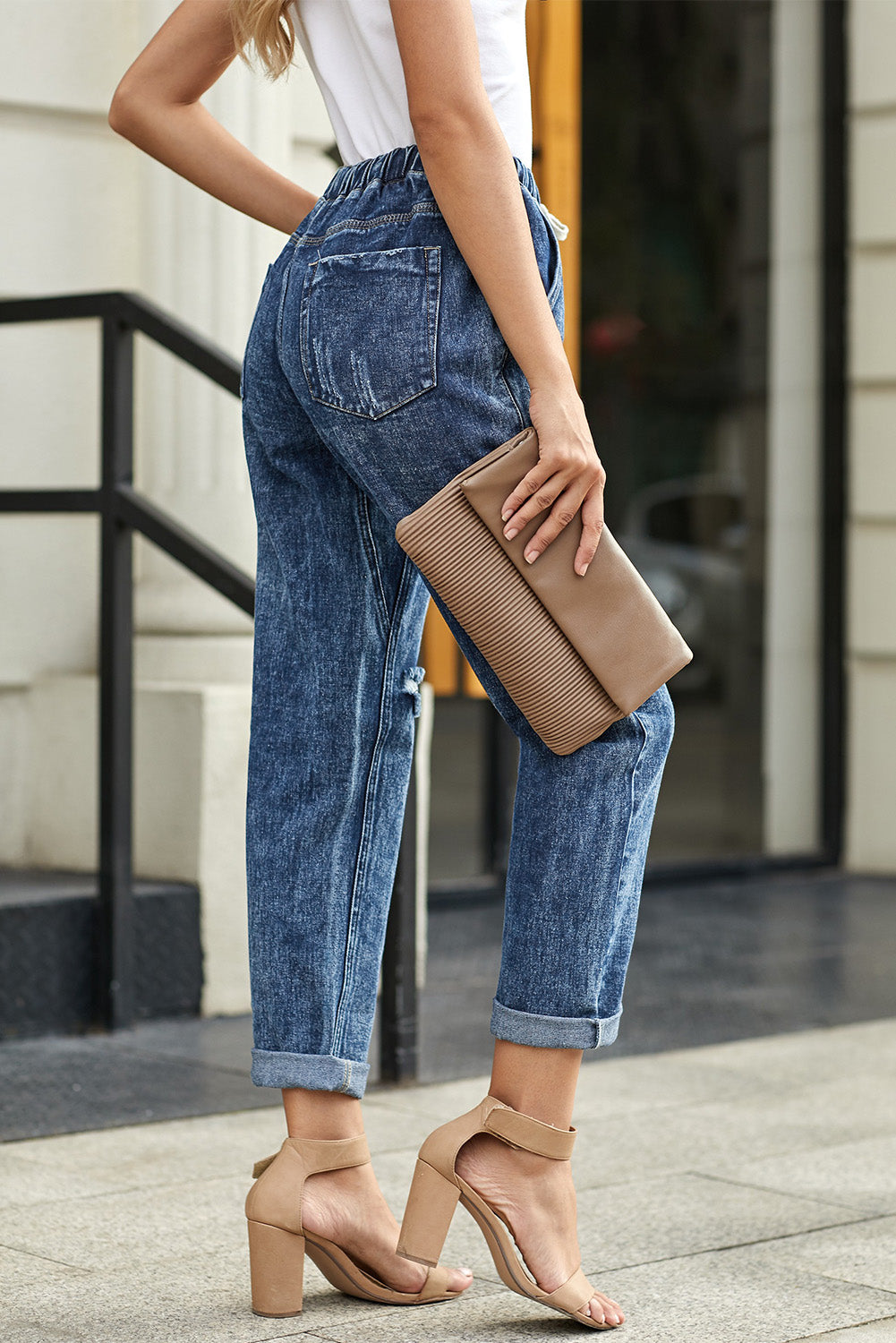 Dark Blue Casual Gather Round Distressed Pocketed Jeans