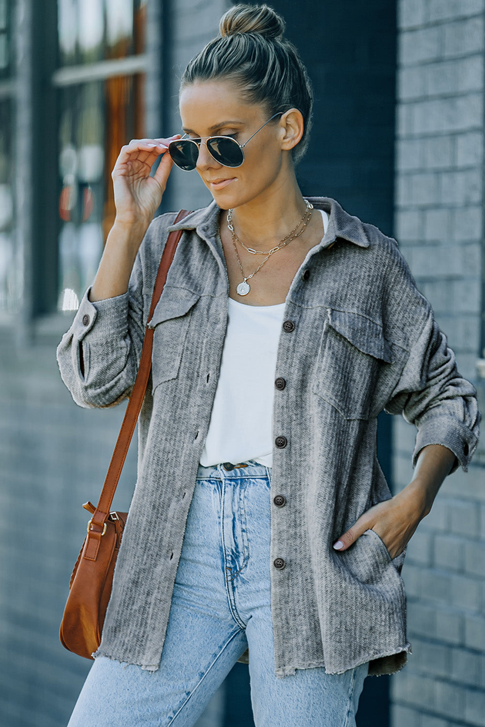 Grey Textured Button Down Pocket Shirt Shacket