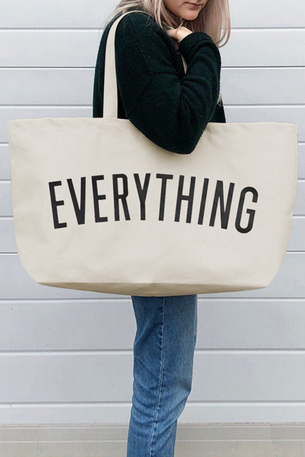 White 73x17x44cm EVERYTHING Letter Print Large Canvas Tote Bag