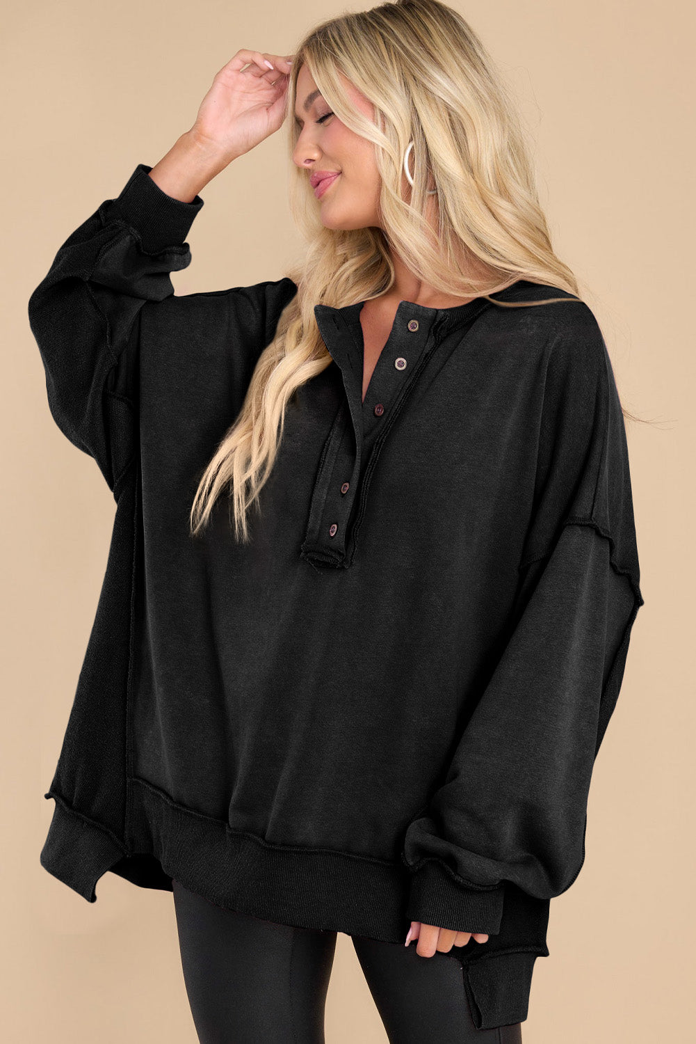 Green Patchwork Exposed Seam Oversized Henley Sweatshirt